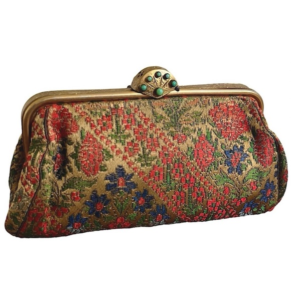 Vintage Handbags - Vintage Floral Tapestry Clutch Bag Gemstone Closure with Original Compact Mirror